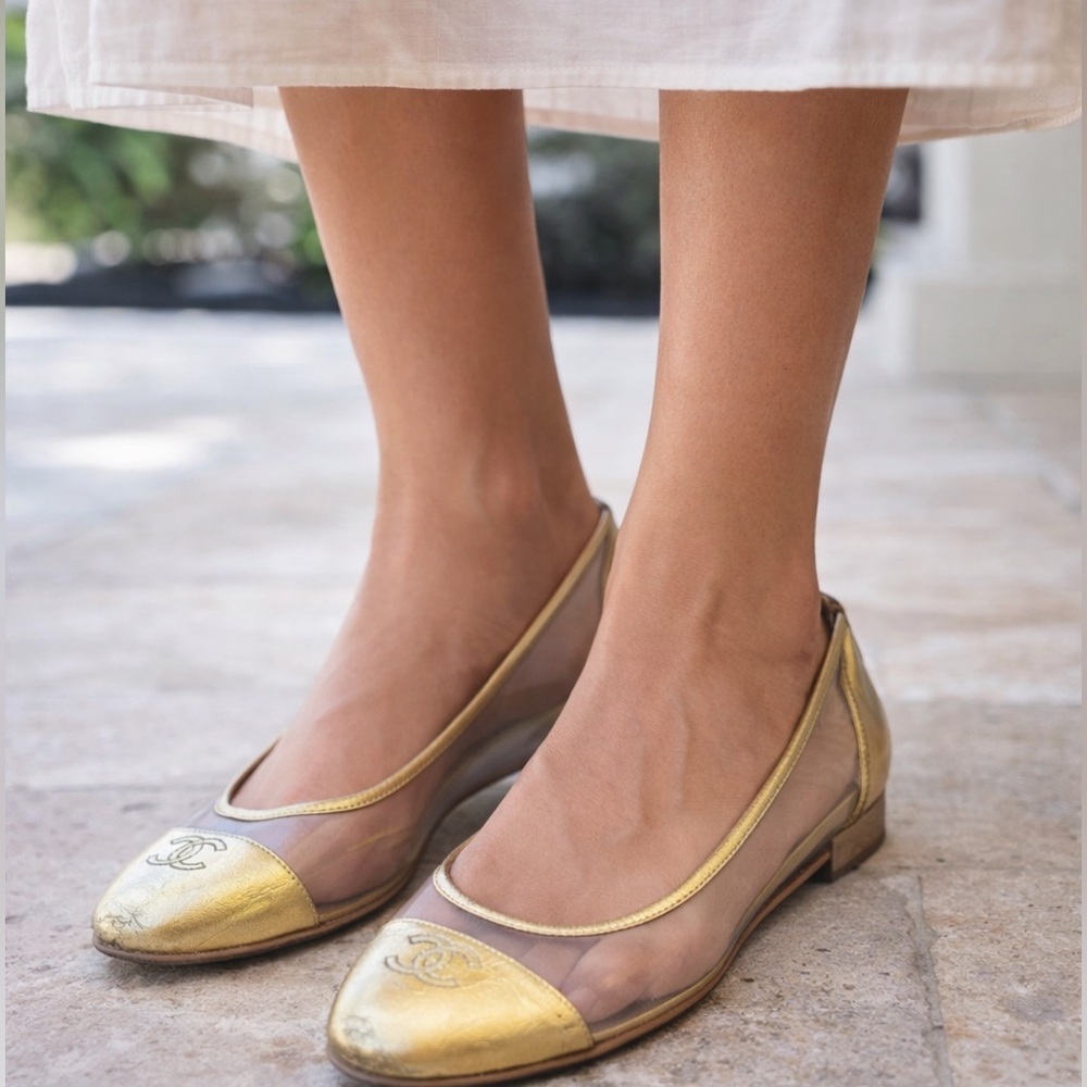 CHANEL Gold and Clear Mesh Cap-Toe Ballet Flats